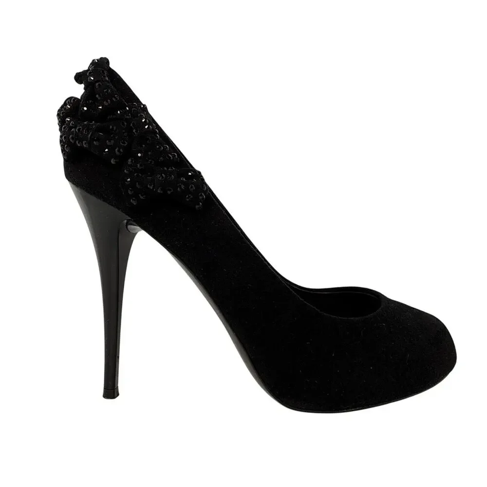 Giuseppe‎ Zanotti Black Suede Bow Embellished Peep Toe Stiletto Sandals 37 EU